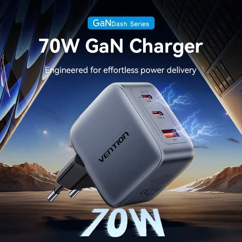 Vention 3-Port GaN USB-C & USB-A Charger 70W, EU Plug