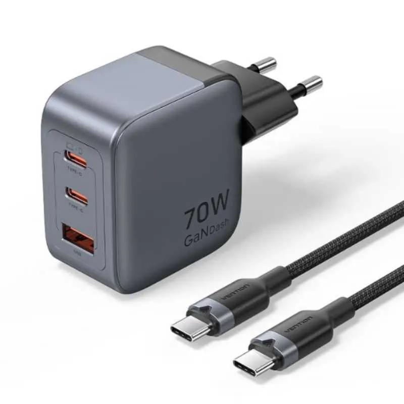 Vention 3-Port GaN USB-C & USB-A Charger 70W, EU Plug