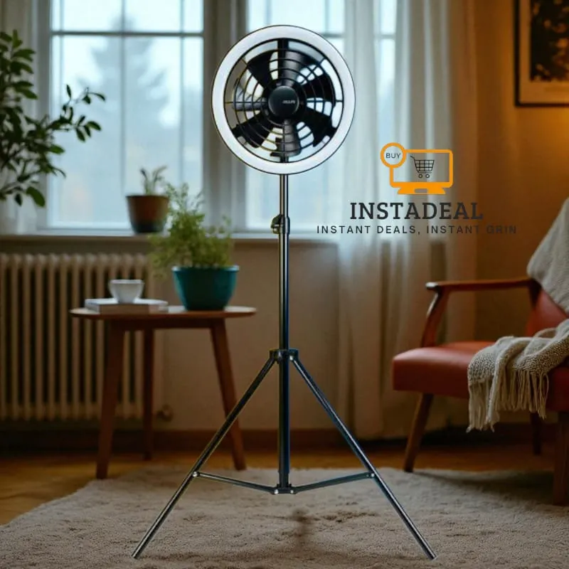 JISULIFE FA17 Rechargeable Fan with LED Ceiling Fan with Long Tripod Stand- Black Color