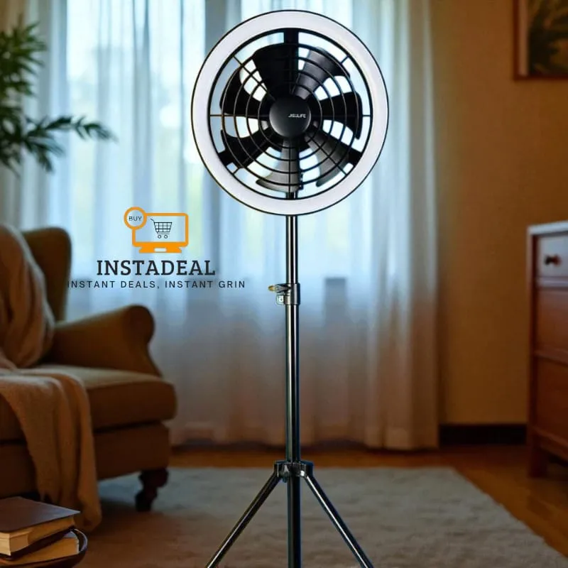 JISULIFE FA17 Rechargeable Fan with LED Ceiling Fan with Long Tripod Stand- Black Color - Image 3