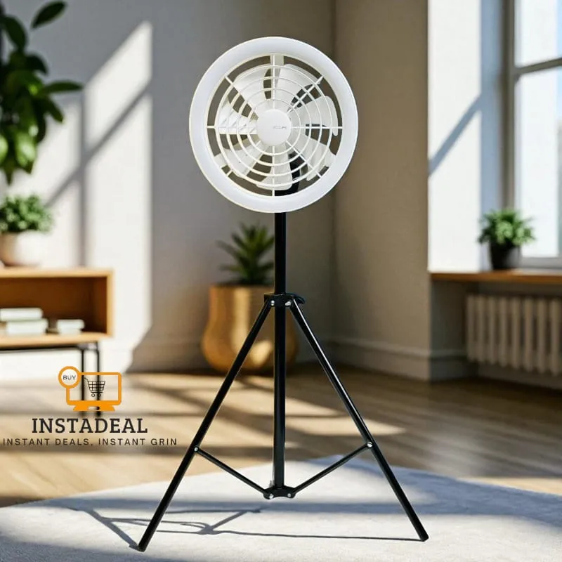 JISULIFE FA17 Rechargeable Fan with LED Ceiling Fan with Long Tripod Stand- White Color
