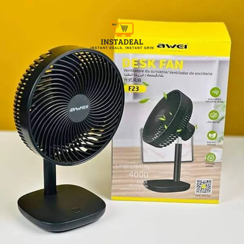Awei F23 Portable USB Rechargeable Desk Fan (4000mAh)- Black Color