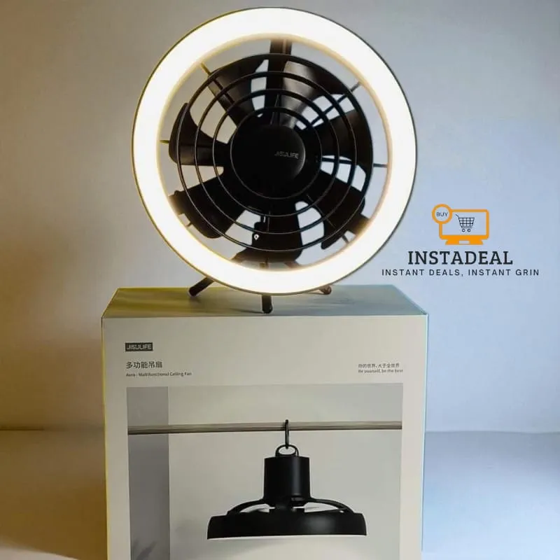 JISULIFE FA17 Rechargeable Fan with LED Light and Table Tripod- Black Color