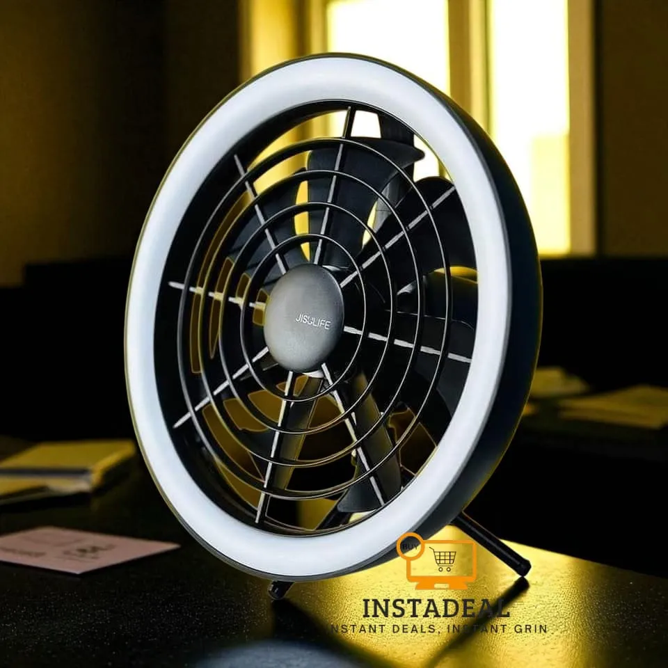 JISULIFE FA17 Rechargeable Fan with LED Light and Table Tripod- Black Color - Image 5