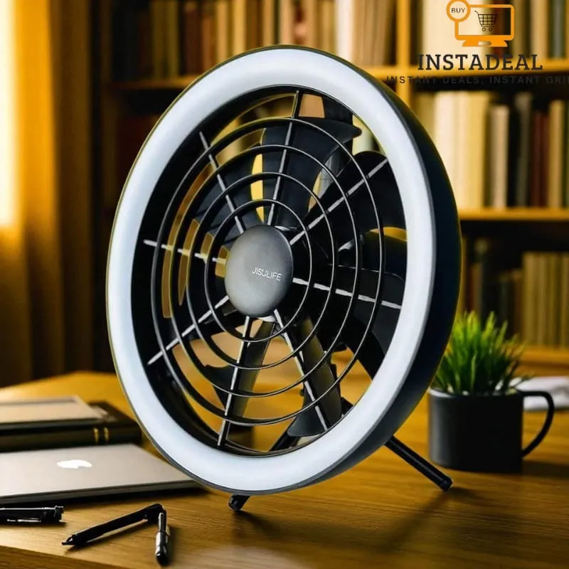 JISULIFE FA17 Rechargeable Fan with LED Light and Table Tripod- Black Color - Image 7