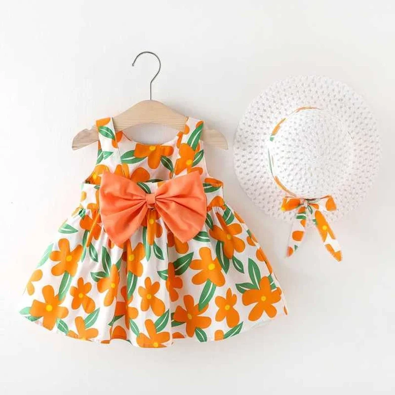 100% Cotton  Sleeveless Baby Baby Girl Dress With Hat