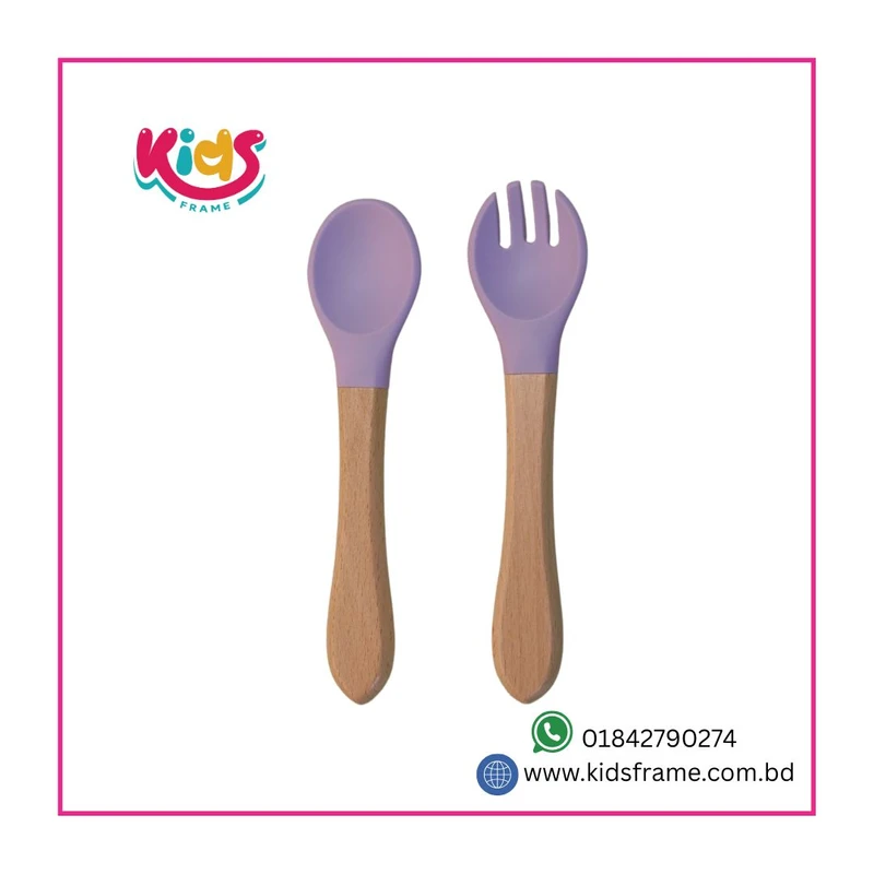 BPA-Free Wooden Silicone Fork & Spoon Set (Purple)