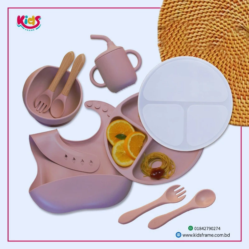 Silicone Baby Feeding Set – 9 PCS, BPA Free (Peach Pink)
