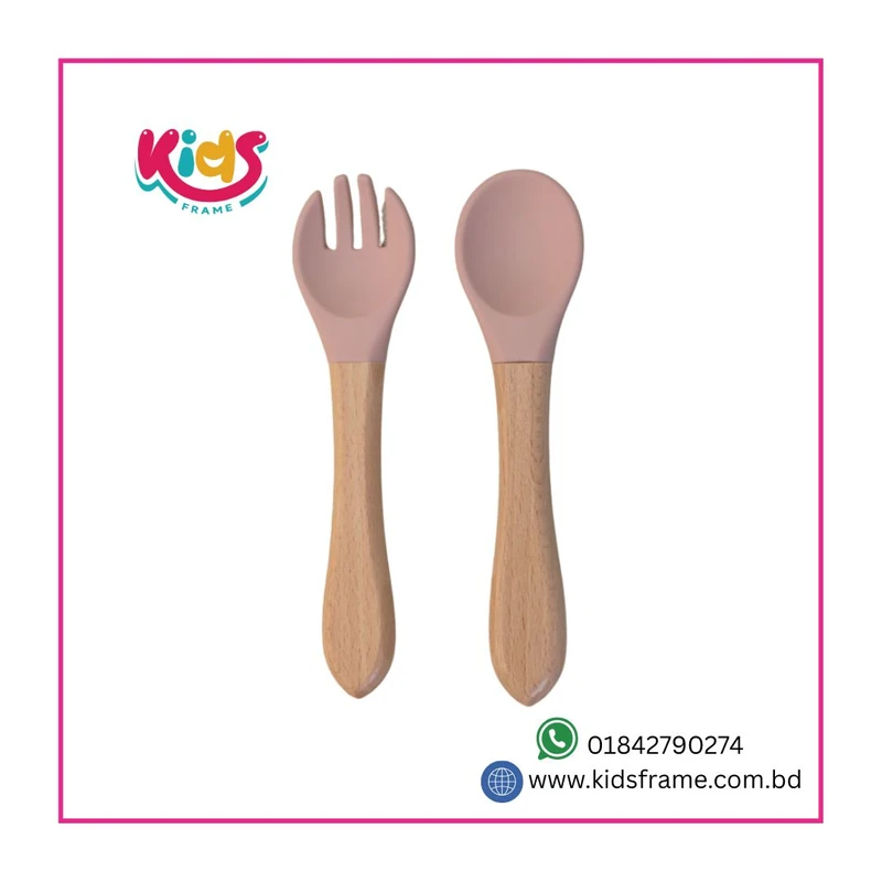 BPA-Free Wooden Silicone Fork & Spoon Set (Peach Pink)
