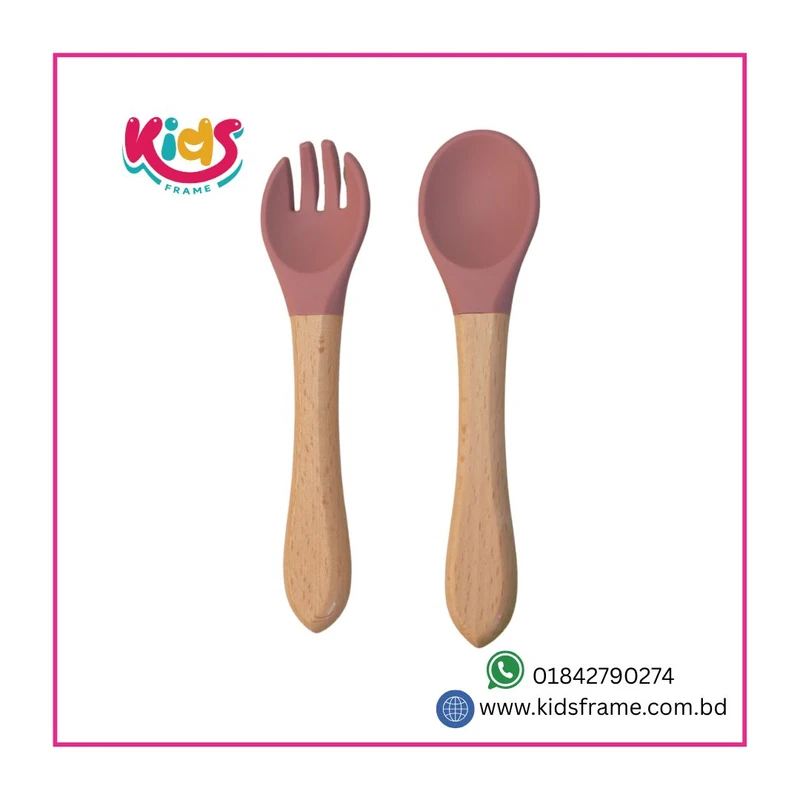 BPA-Free Wooden Silicone Fork & Spoon Set (Pink)