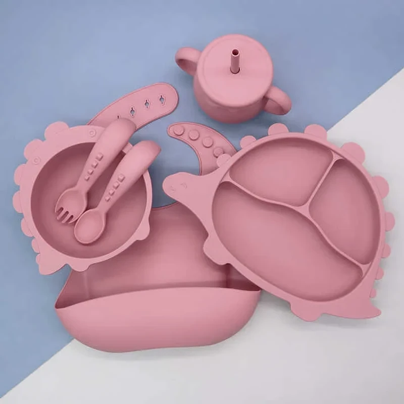 100% Food Grade Silicone Dinosaur Feeding Set (Peach Pink)