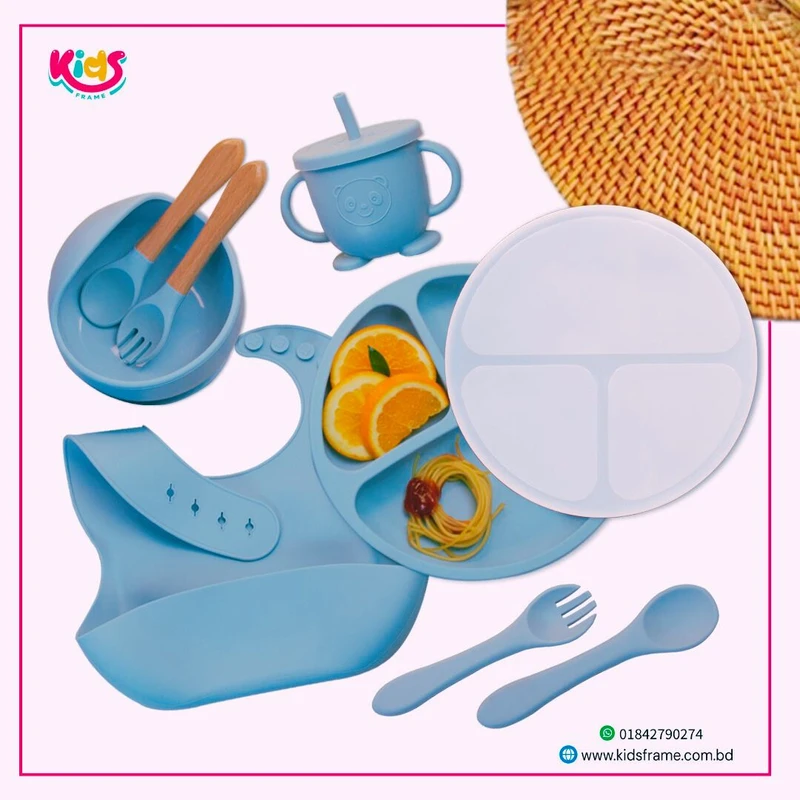 Silicone Baby Feeding Set – 9 PCS, BPA Free (Sky Blue)