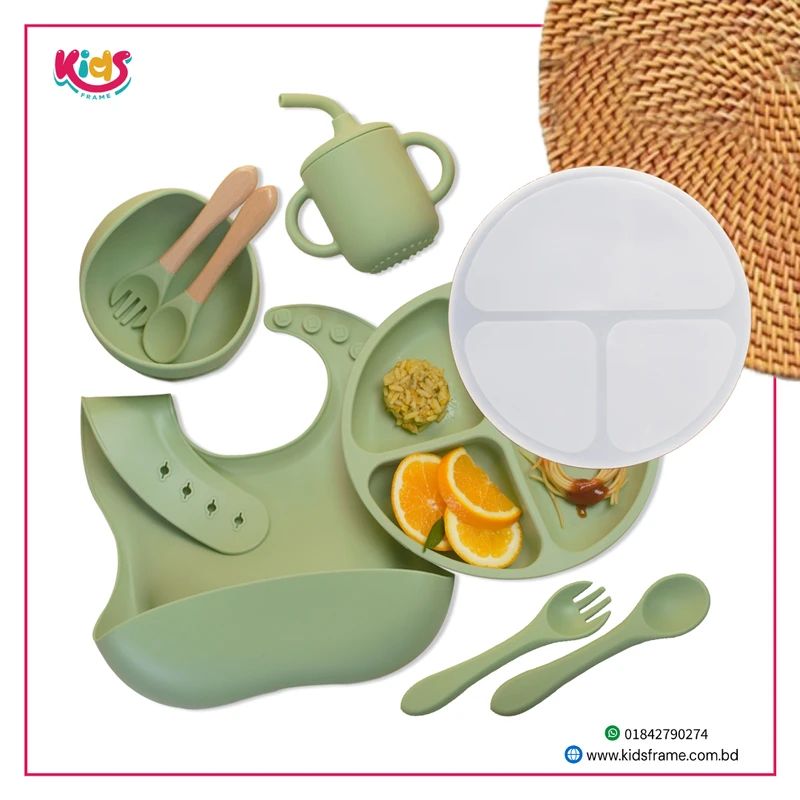 Silicone Baby Feeding Set – 9 PCS, BPA Free (Deep Green)