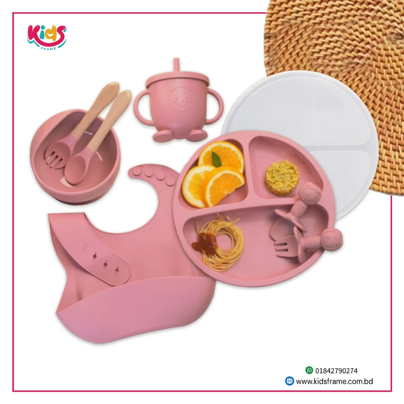 Silicone Baby Feeding Set – 9 PCS, BPA Free (Rose Pink)