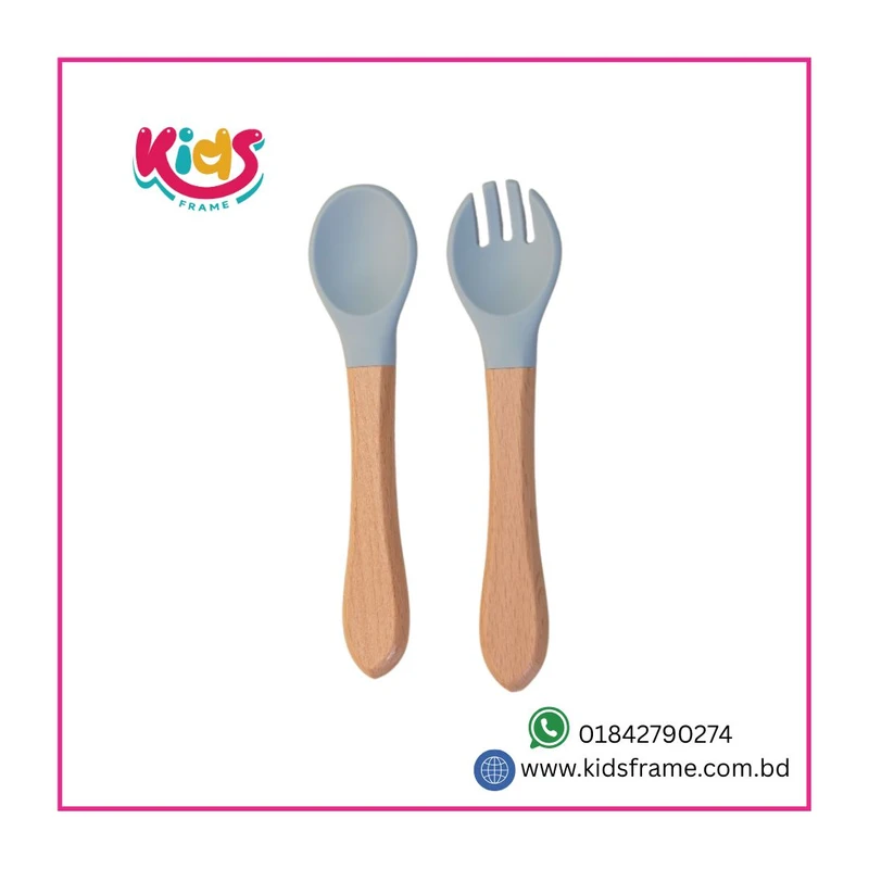 BPA-Free Wooden Silicone Fork & Spoon Set (Sky Blue)