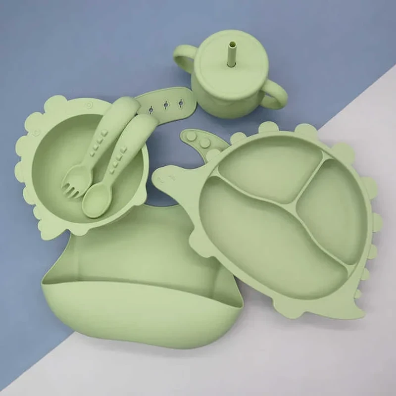 100% Food Grade Silicone Dinosaur Feeding Set (Green)