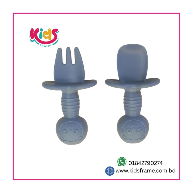 BPA Free Small Baby Silicone Fork and Spoon Sets (Deep Blue)