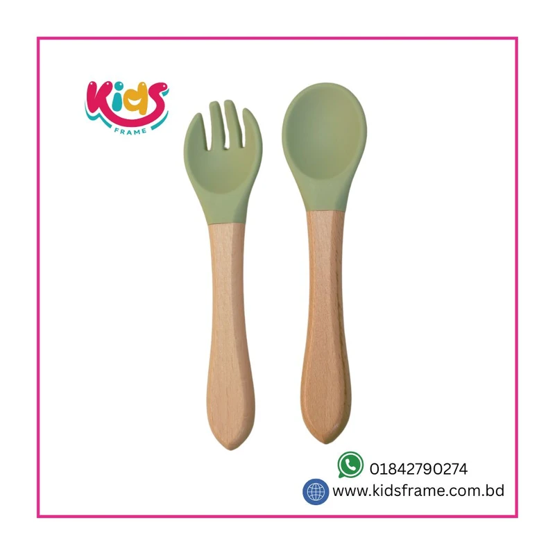 BPA-Free Wooden Silicone Fork & Spoon Set (Green)