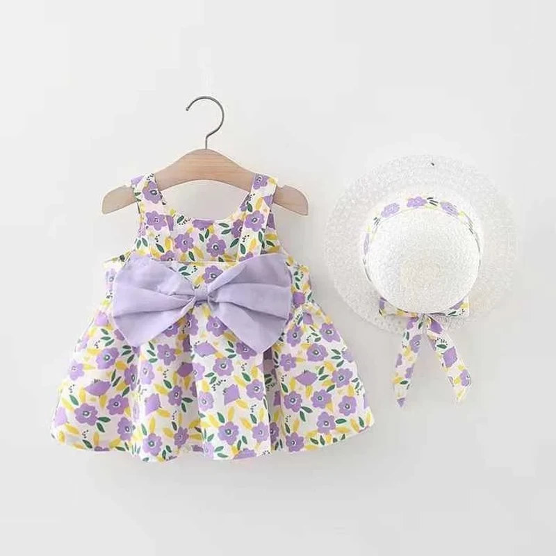 100% Cotton Baby Dress – With Hat (Purple)