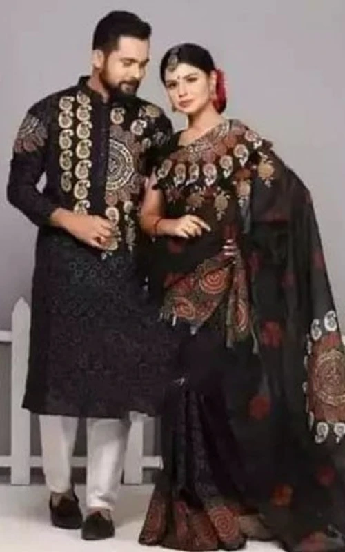 প্রিমিয়াম লুকে নতুন শাড়ি পাঞ্জাবির কাপল ড্রেস