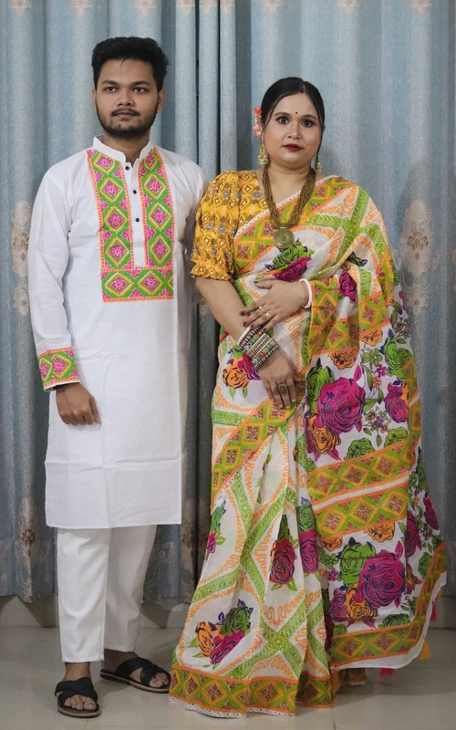 ভাইরাল ট্রেন্ডে থাকা শাড়ি পাঞ্জাবির কাপল ড্রেস