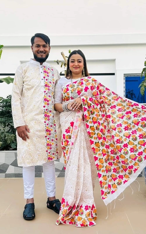 ভাইরাল ডিজাইন শাড়ি পাঞ্জাবির কাপল ড্রেস
