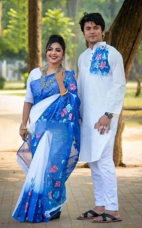 ভালোবাসার রঙে শাড়ি পাঞ্জাবির কাপল ড্রেস
