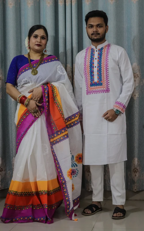 প্রিমিয়াম লুকে নতুন শাড়ি পাঞ্জাবির কাপল ড্রেস