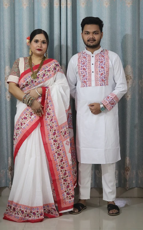চোখ ধাঁধানো ডিজাইনের শাড়ি পাঞ্জাবির কাপল ড্রেস