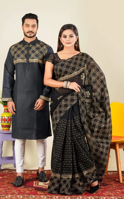 চোখ ধাঁধানো ডিজাইনের শাড়ি পাঞ্জাবির কাপল ড্রেস