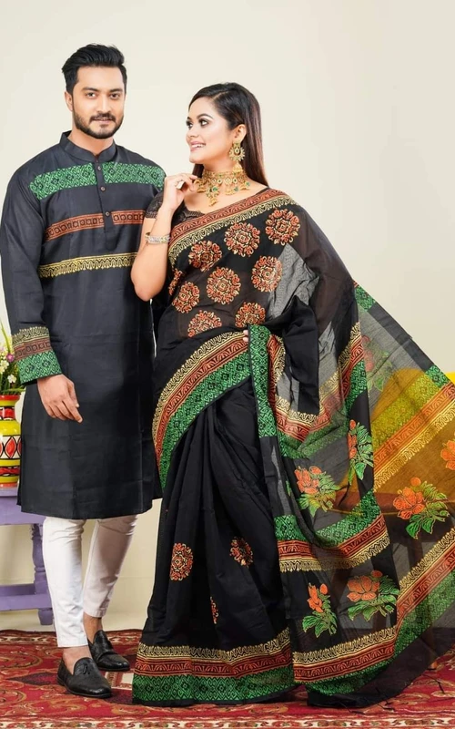 ভালোবাসার রঙে শাড়ি পাঞ্জাবির কাপল ড্রেস