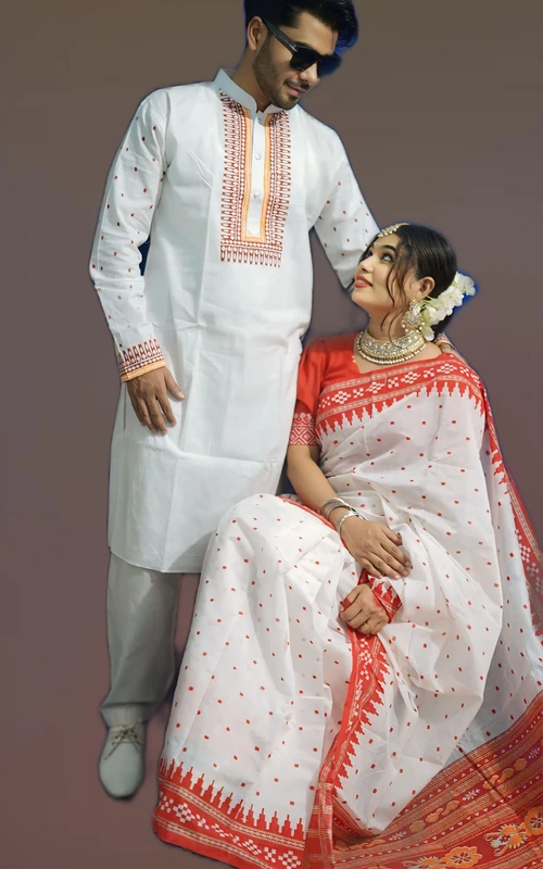 ভাইরাল ট্রেন্ডে থাকা শাড়ি পাঞ্জাবির কাপল ড্রেস