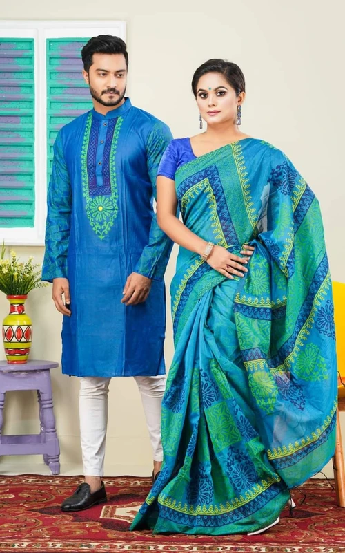 আকর্ষণীয় রঙে শাড়ি পাঞ্জাবির কাপল ড্রেস