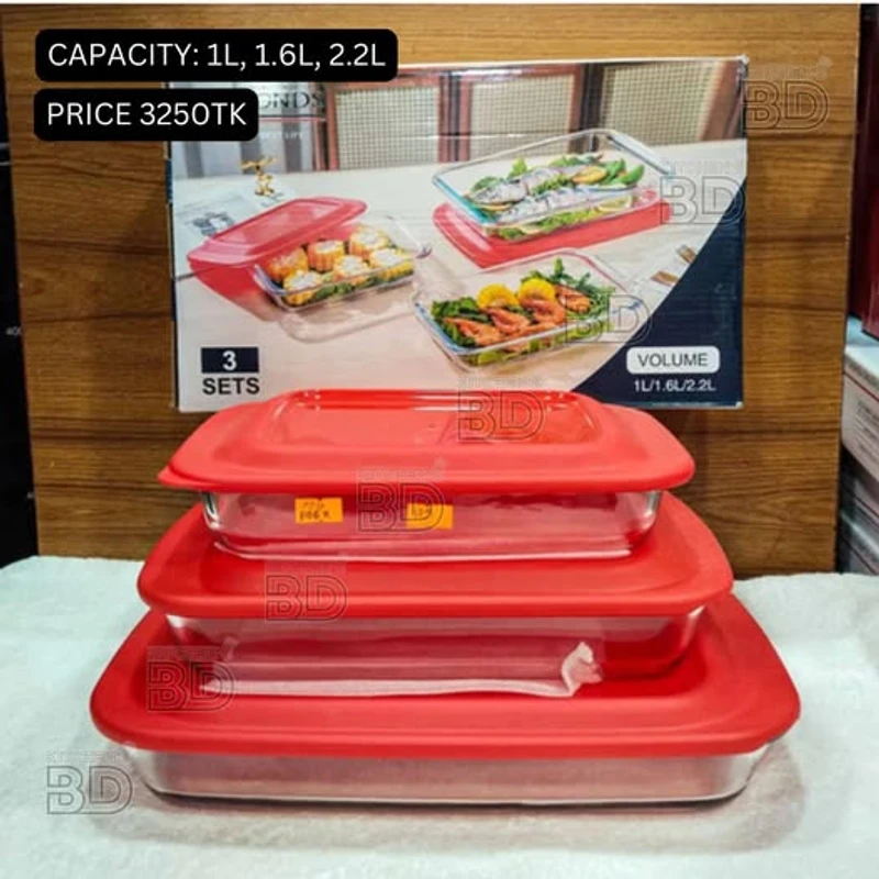 3 Pcs Rectangular Glass Serving Dish Set with Red Lids