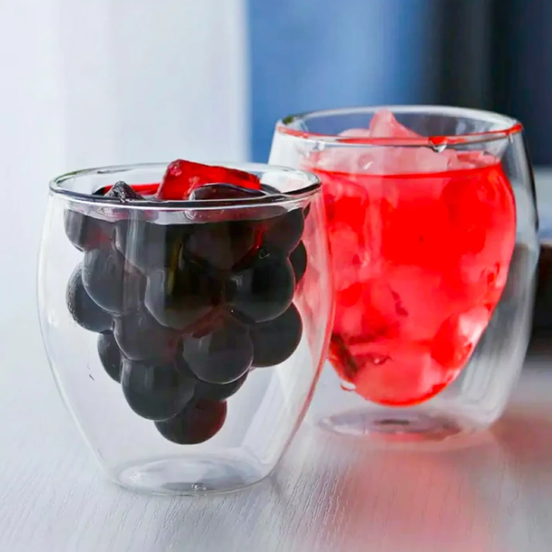 Double layered grape-shaped glass cups for coffee drinks.