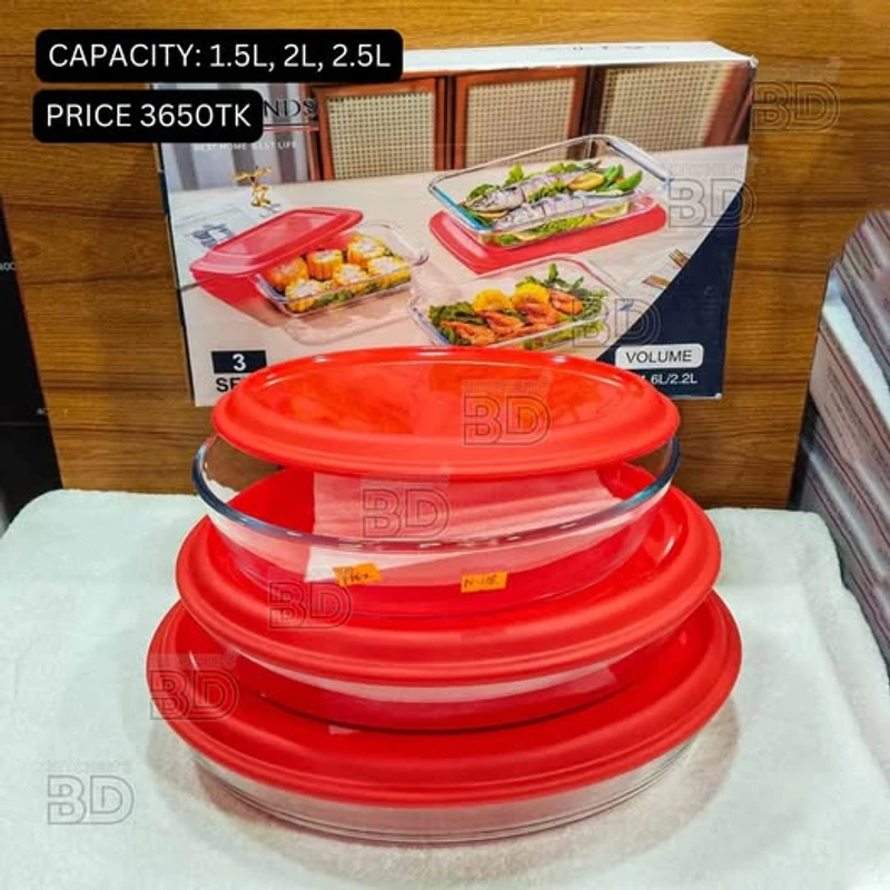 3 Pcs Oval Glass Serving Dish Set with Red Lids