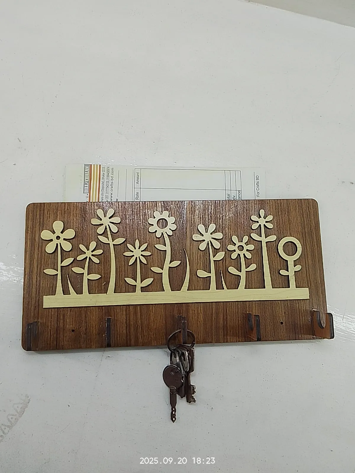 Wooden Wall Key & newspaper Holder with Floral Design