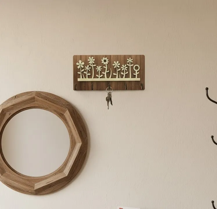 Wooden Wall Key & newspaper Holder with Floral Design