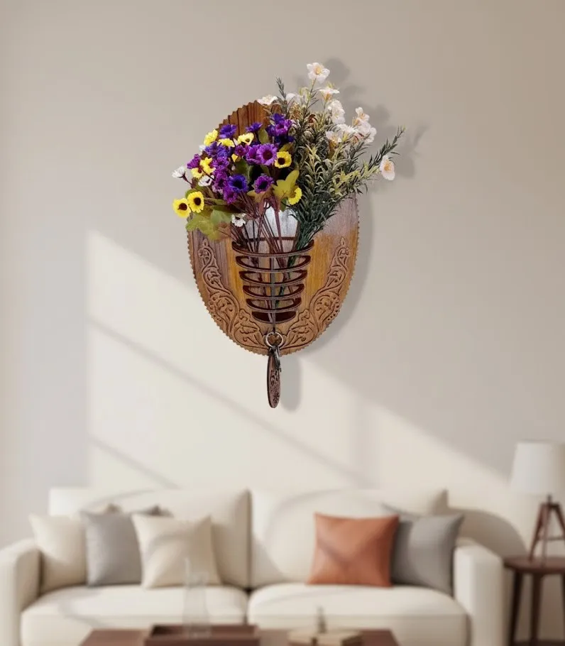 Wooden Wall-Mounted Flower Vase with Key Holder