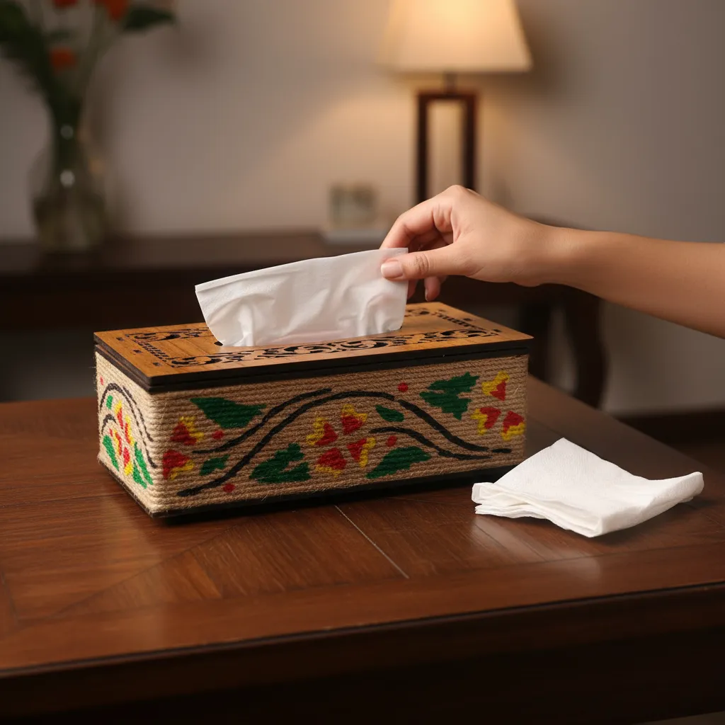 Wooden Hand-Painted Tissue Box( jute specical)