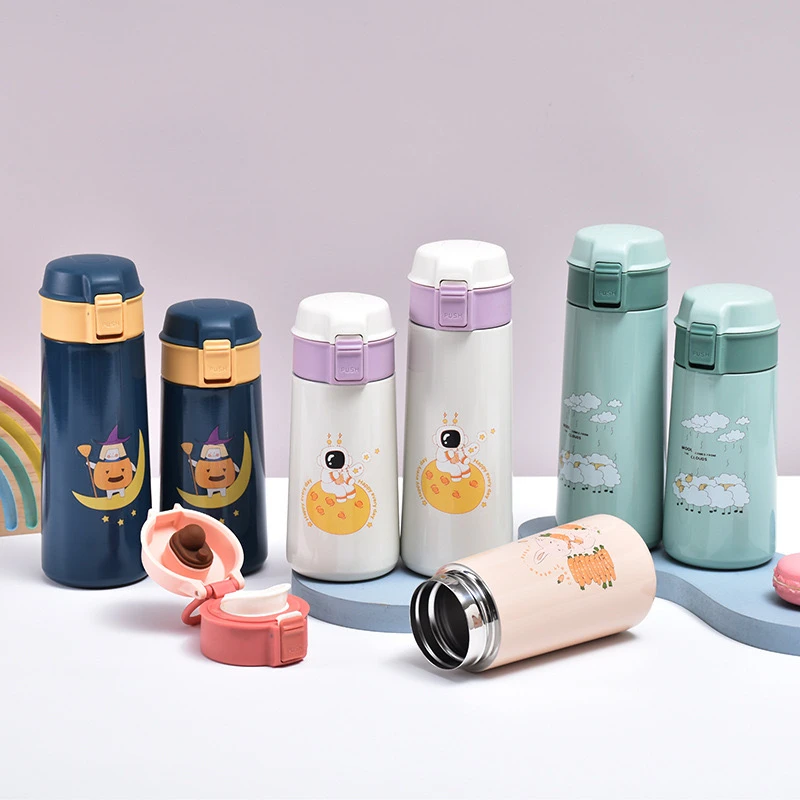 Hot-Selling Cartoon Flip-Top Vacuum Flask – 304 Stainless Steel Double Wall Portable Straight Bottle