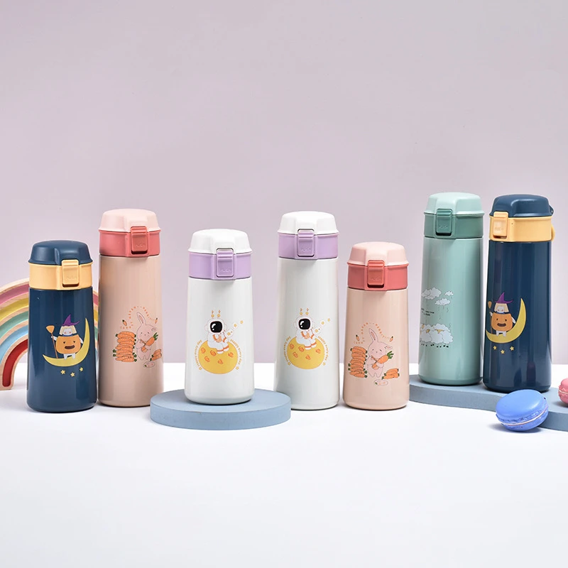 Hot-Selling Cartoon Flip-Top Vacuum Flask – 304 Stainless Steel Double Wall Portable Straight Bottle