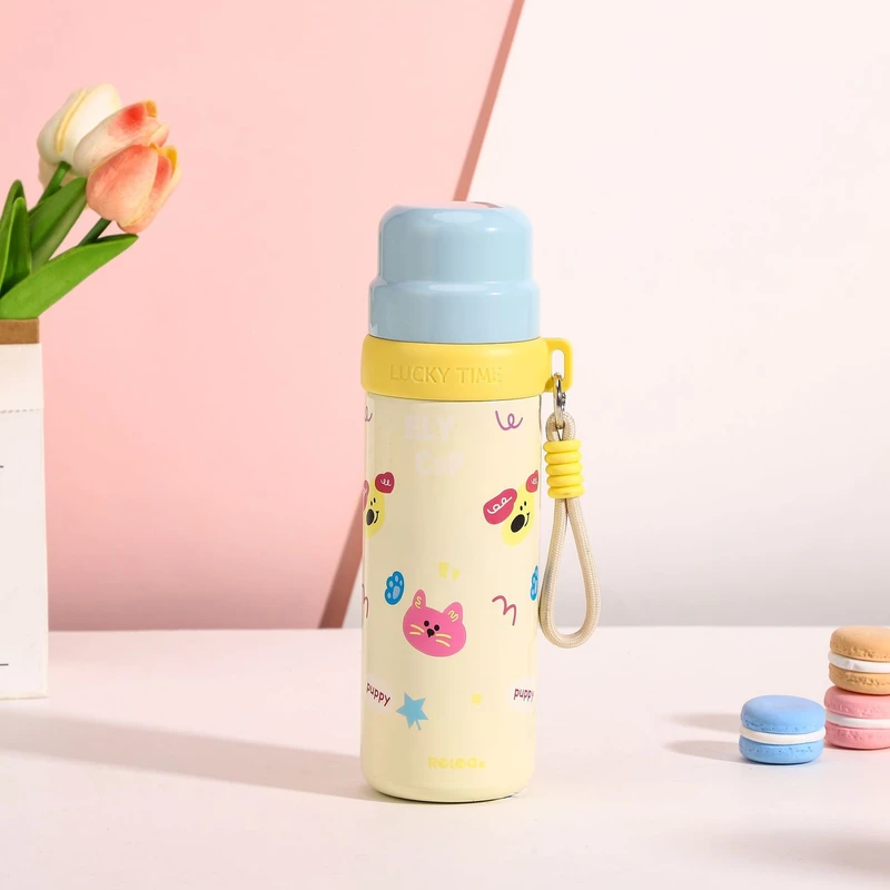 316 Stainless Steel Insulated Kids Bottle – Cute Flip Straw Cup with Dual-Use Lid