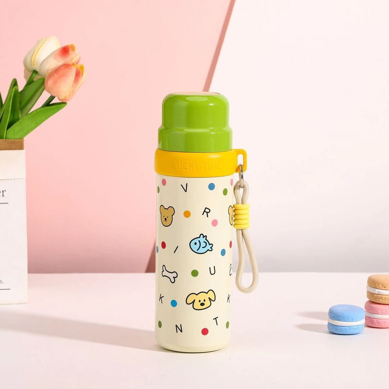 316 Stainless Steel Insulated Kids Bottle – Cute Flip Straw Cup with Dual-Use Lid