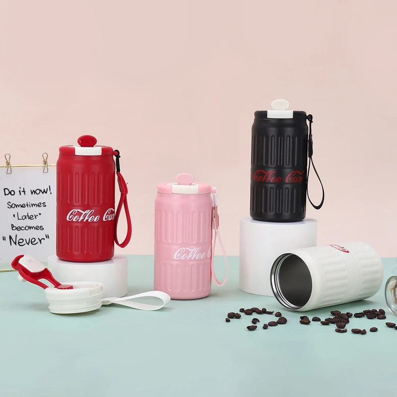 Coca-Cola Stainless Steel Thermal Coffee Cup – 316 Steel, Anti-Slip, Portable with Handle Strap, Outdoor Travel Mug
