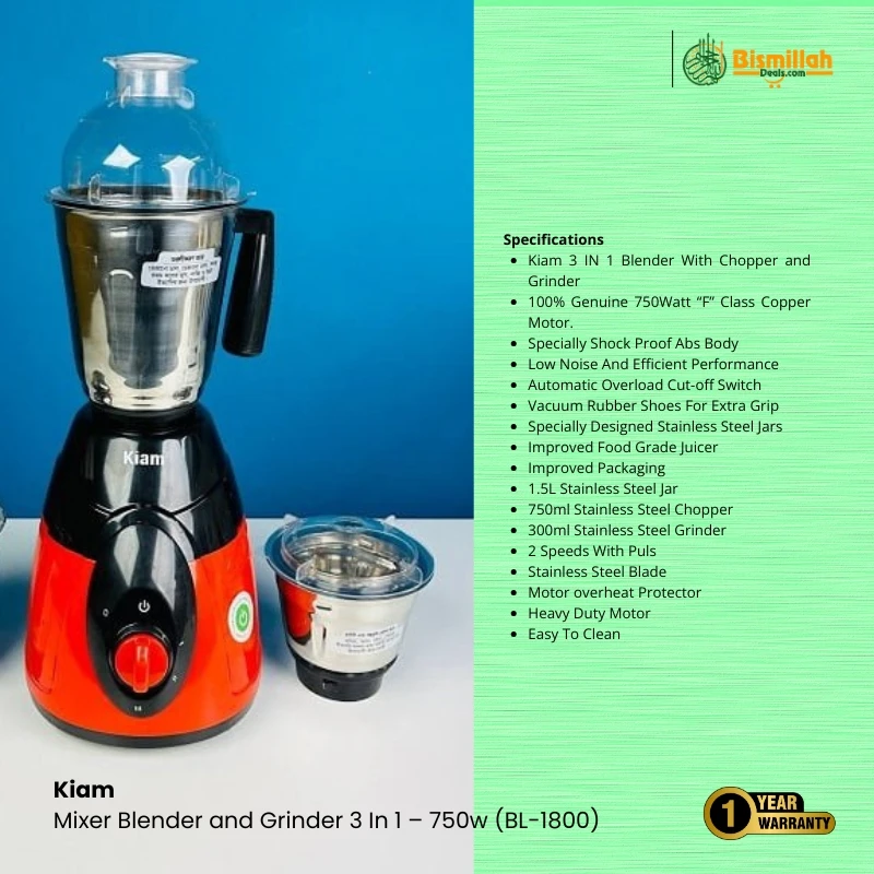 Kiam Mixer Blender and Grinder 3-in-1 – 750W (BL-1800) with Stainless Steel Jars