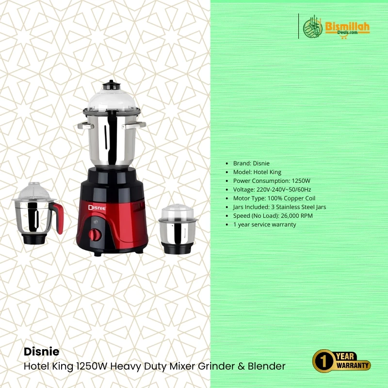 Disnie Hotel King 1250W Heavy Duty Mixer Grinder & Blender – Commercial Grade Performance