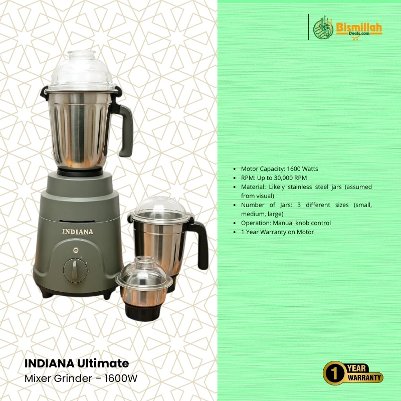INDIANA Ultimate Mixer Grinder – 1600W Heavy-Duty 3 Jar Electric Blender