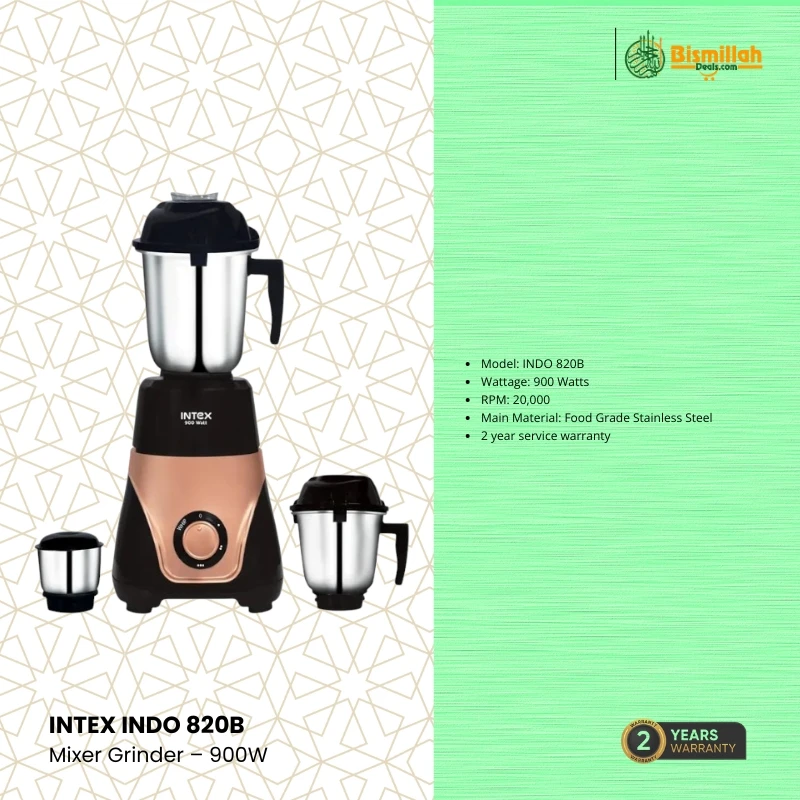 INTEX INDO 820B Mixer Grinder – 900W Powerful Motor with Stainless Steel Jars