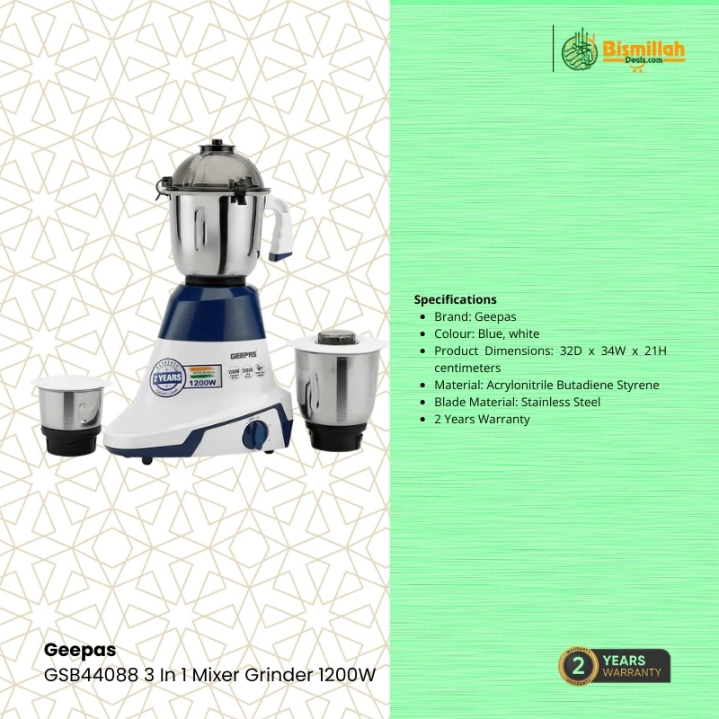 Geepas GSB44088 3‑in‑1 Mixer Grinder – 1200W High‑Performance Electric Blender